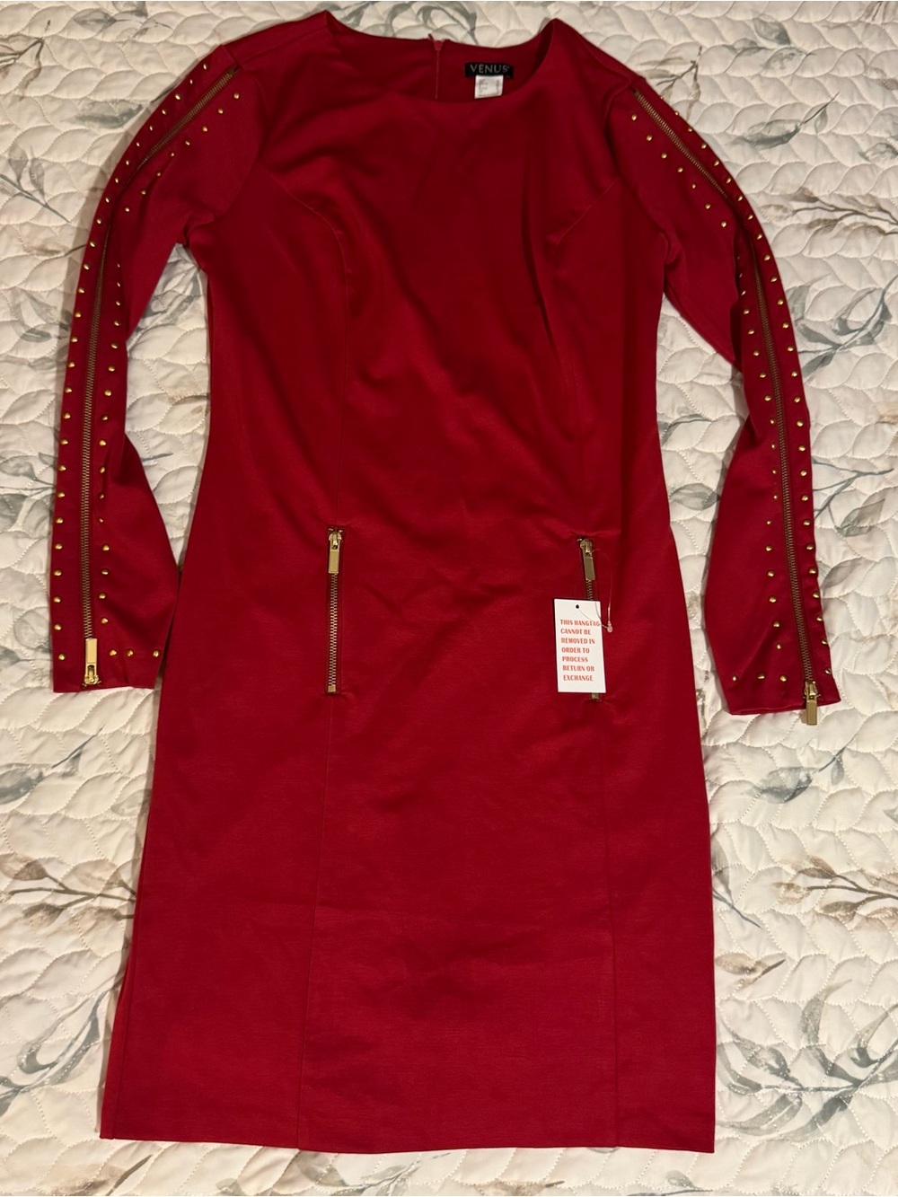 NWT VENUS Red Studded Accent Zipper Sleeve Sheath Dress Size 8